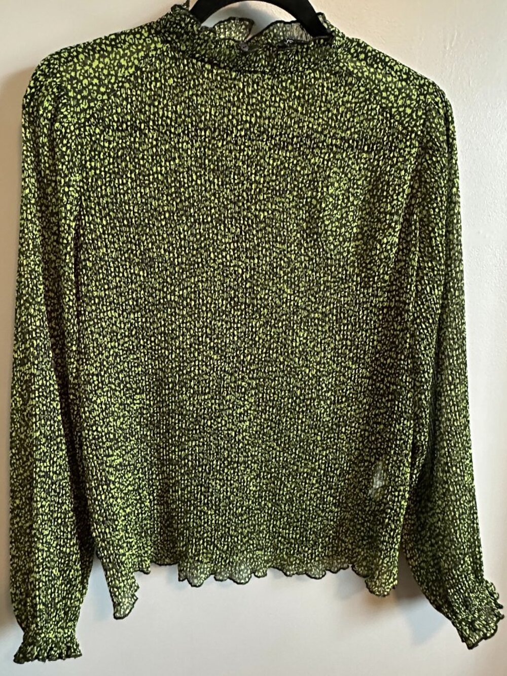 YEST Green & Black Semi sheer long sleeve blouse ruffles & high neck Like new